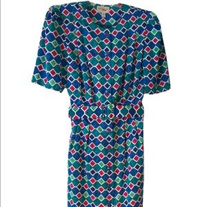 Size 10: Vintage Papell Boutique Women’s 1980’s Diamond Patterned Dress & Belt